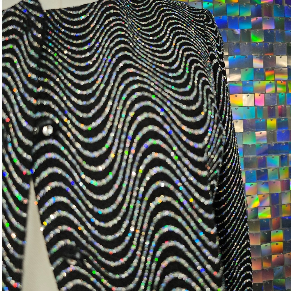 Ronni Nicole Vintage‎ Black Silver Wave Sparkle Knit Cropped Cardigan Jacket - Picture 6 of 11
